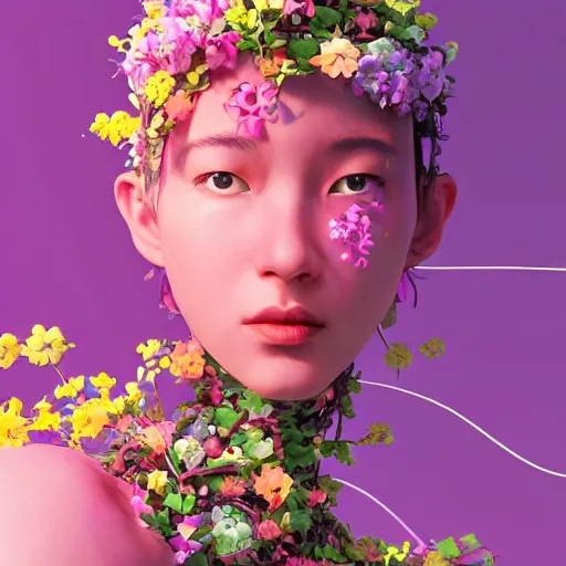 Image similar to colourful vfx art - portrait of aremy mech robot wrapped in flowers & vines, art by hsiao - ron cheng & james jean, volumetric light, ray tracing, sharp, detailed, digital painting, illustration, highly detailed, intricate detail, unreal engine, octane render, pinterest, behance, art station,