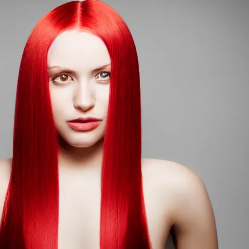 Image similar to Portrait of a young, stunningly beautiful woman with red straight hair on the right half of her head and white straight hair on the left half of her head, award-winning photo, 4k, 8k, studio lighting, Nikon D6, 35mm