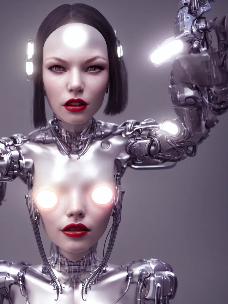 Image similar to cinematic, portrait photography, portrait face, a beautiful betty page cyborg, perfect chromium and porcelain bionic body, ui data displays, hud interface, hajime sorayama, h. r. giger, octane rendered, 4 k, lens flare,