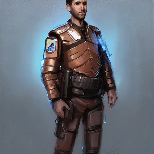 Image similar to Portrait of a man by Greg Rutkowski, he is about 30 years old, mixture between russian and turkish, quiff copper hair, attractive, uncanny smile, he is wearing a futuristic police outfit, highly detailed portrait, scifi, digital painting, artstation, concept art, smooth, sharp foccus ilustration, Artstation HQ