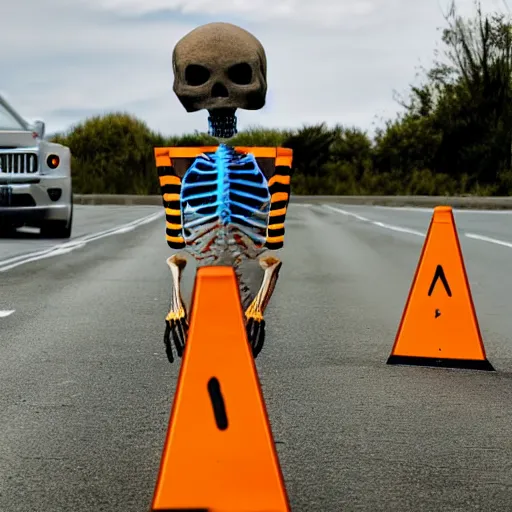 Image similar to a skeleton wearing a blue spendex suit with road - cones for hands
