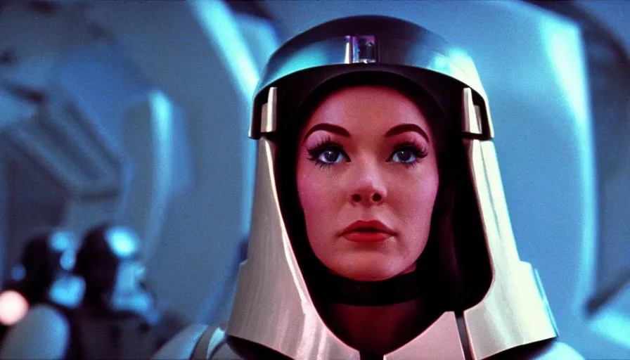 Image similar to 1 9 6 0 s movie still of a beautiful female valkyrie space marine, scifi, 2 0 0 1 a space odyssey, star wars, star trek, cinestill 8 0 0 t 3 5 mm, high quality, heavy grain, neon, cyberpunk, shadowrun, high detail, panoramic, cinematic composition, dramatic light, ultra wide lens, anamorphic, flares