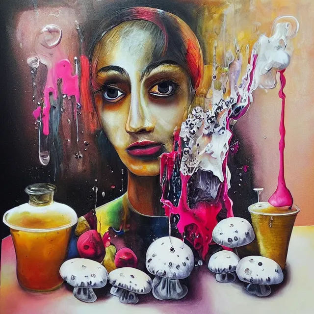 Image similar to “ surrealism, a portrait in a female art student ’ s apartment, mushrooms, sensual, art supplies, a candle dripping white wax, berry juice drips, acrylic and spray paint and oilstick on canvas, neoexpressionism ”