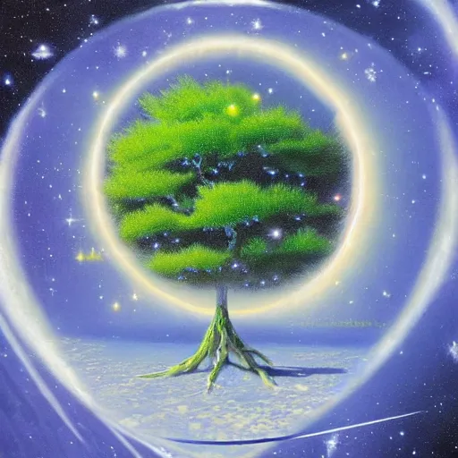 Prompt: a tree growing from a round crystal formation floating in space, by vincent di fate