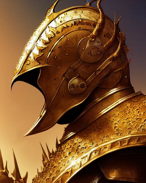 Image similar to realistic side view painting of the king of the desert, angry, wide angle, gold armour, sword, dramatic lighting, intricate, wild, highly detailed, digital painting, artstation, concept art, smooth, sharp focus, illustration