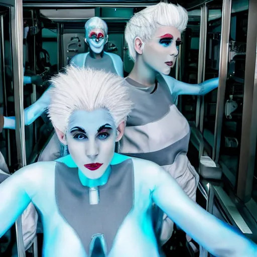 Image similar to troop of freak show women with white hair, white hair, tight light blue neopren suits, futuristic production facility, sci - fi, highly detailed, cinematic