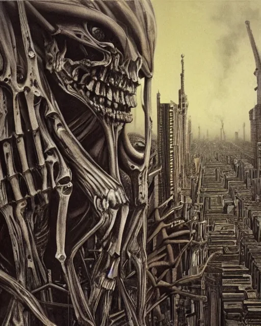 Prompt: a colossal human skeleton looming over a city provoking an unsettling & foreboding emotion as citizens run in fear, by Giger, H. R.