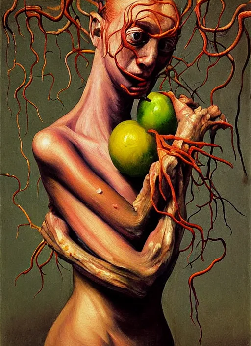 Prompt: Oil painting - She Eats of the Strangling Fruit and Her gossamer polyp blossoms bring iridescent fungal flowers whose spores like cordyceps black the foolish stars by Lucian Freud and Jenny Saville, Abstract brush strokes, Masterpiece, Edward Hopper and James Gilleard, Zdzislaw Beksinski, Mark Ryden, Wolfgang Lettl highly detailed, hints of Yayoi Kasuma