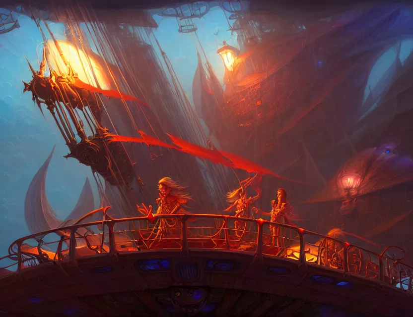 Image similar to standing upon the deck of the flying spelljammer ship, d & d planescape fantasy art, artstation contest winner, beautiful digital painting in the style of dan mumford, art by kev chan, volumetric lighting, concept art, speedpainting, fantasypunk, deep colors, cgsociety, by gerald brom