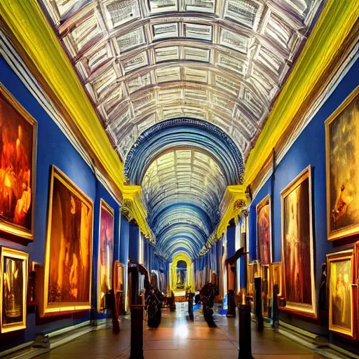Prompt: detailed, deep depth of field, colourful lightning, history museum hall with statues and paintings, dark academia aesthetics, mood light, blue