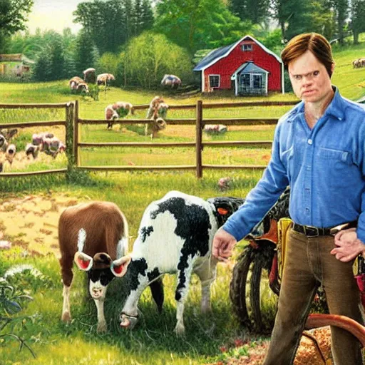Dwight Schrute on a farm, painting by Thomas Kinkade Stable Diffusion