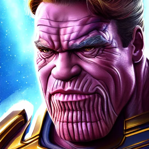 Image similar to arnold schwarzenegger as thanos, highly detailed, amazing digital art, cinematic, trending on artstation, 4K HD