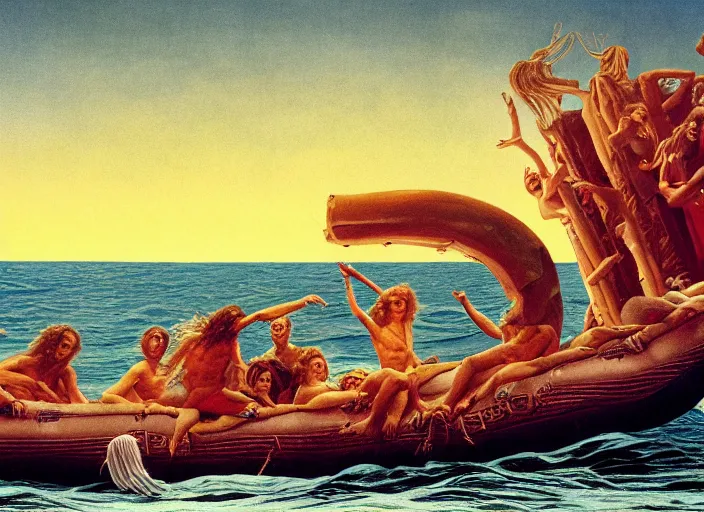Image similar to photo of the raft of the medusa, by annie leibovitz by roger corman by richard corben by william eggleston, fujifilm velvia 5 0. masterpiece, intricate, hyper realism, high detail, octane render, unreal engine, 8 k