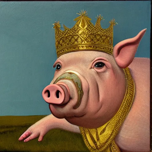 Image similar to a painting of pig wearing a gold crown, by Grant Wood