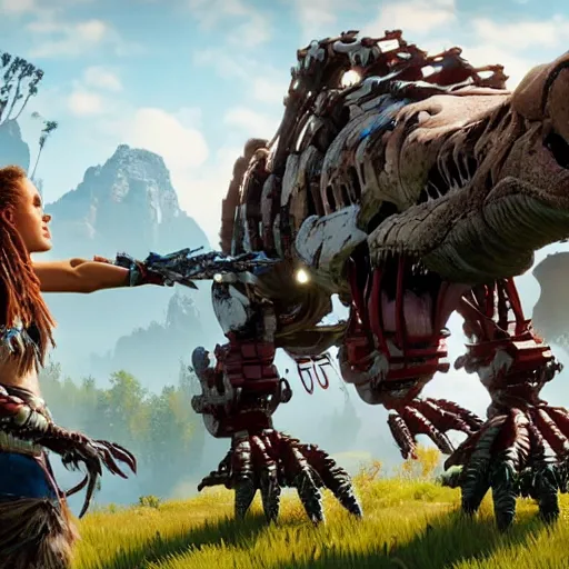 Image similar to cinematic still of horizon zero dawn, si - fi robotic tyrannosaurus rex, highly detailed