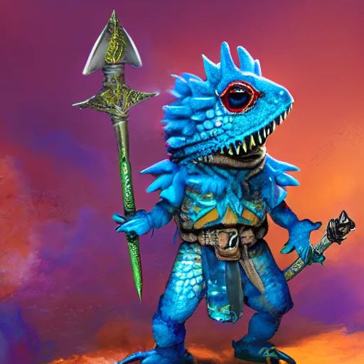 Image similar to a blue lizard warrior who is wearing a silly fluffy colorful hat, highly detailed, fantasy, dnd, wearing armor, holding a sword