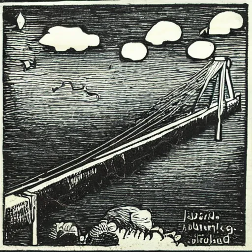 Prompt: small steel suspension bridge built in 1 9 2 8, side view, puffy clouds in background, marijuana cigarette floating in the sky, woodcut style, rubber stamp, 8 k