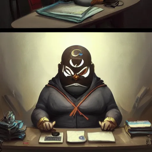 Image similar to a insanely detailed painting of a chubby masked asian man wearing a costume sitting at a desk, staring at the nervously at the computer typing, in the style of peter mohrbacher, dramatic lighting and composition, trending on artstation, concept art, comic book