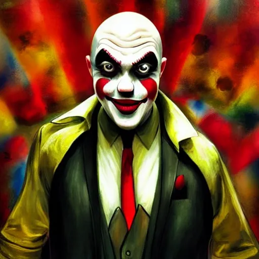 Image similar to portrait of agent 4 7 as a clown, colorful, circus background, cinematic, dramatic light, high detail, inside a messy room, masterpiece, art by jisu choe