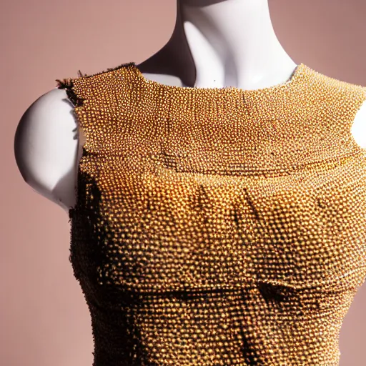 Image similar to a beautiful dress made of a real bee hive, on a mannequin. high resolution, studio lighting, closeup