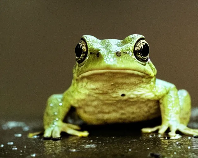 Image similar to Close up of a Budgett's frog smiling and looking at the camera in a still from the movie Blade Runner (1982), high quality, rain, rain drops, cold lighting, 4k, night, award wining photo