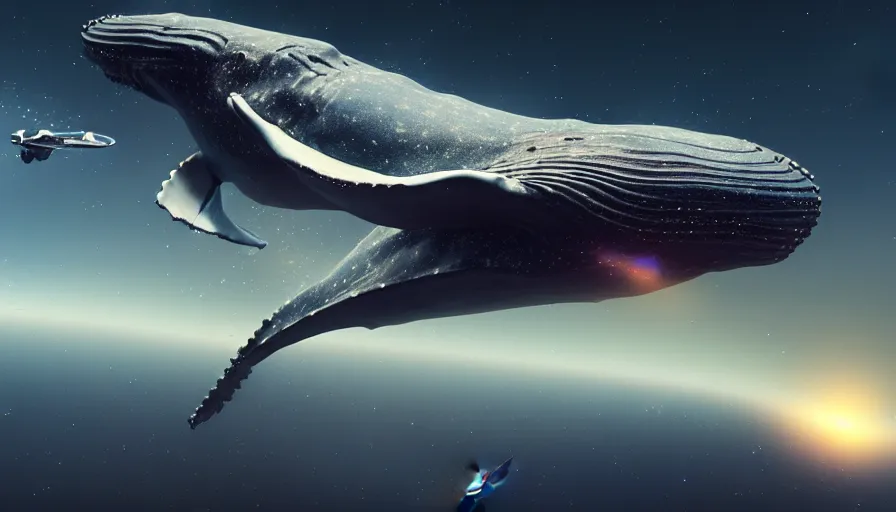 Image similar to highly detailed cinematic scifi render of flying whale over the tuscany skies, cypresses and hills, stars and planets, hyper detailed, digital art, cinematic lighting, studio quality, smooth render, unreal engine 5 rendered, octane rendered, art style by klimt and nixeu and ian sprigger and wlop and krenz cushart, artstation unreal.