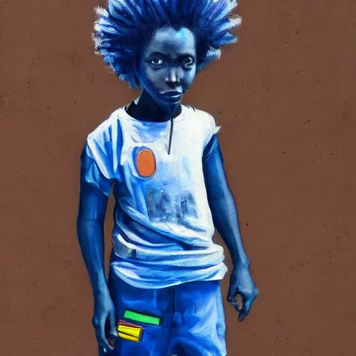 Prompt: a realistic painting of an african kid with cyberpunk and afrofuturist blue clothes, highly detailed, afrofuturist, cyberpunk, photorealistic.