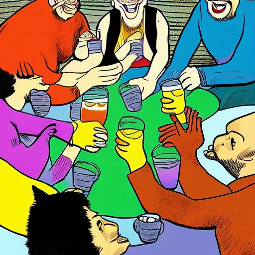 Image similar to a group of friends drinking bear, comic art, highly detailed, colorful