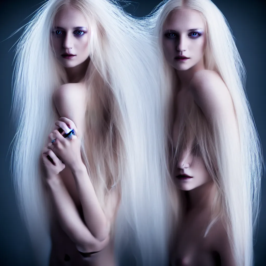 Image similar to photo portrait of a young woman with long blond hair dressed in long white, fine art photography light painting in style of Paolo Roversi, professional studio lighting, dark background, hyper realistic photography, fashion magazine style