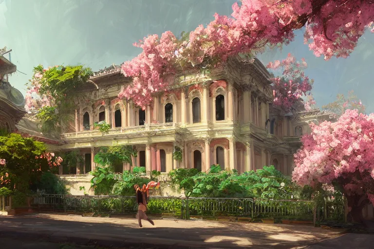 Image similar to green weed grow house, rococo style, greek architecture, pink marble building, marijuana trees, sakura season weed leaves dynamic lighting, landscape, artwork by jeremy lipkin and giuseppe dangelico pino and michael garmash and rob rey and greg manchess and huang guangjian and makoto shinkai, pixiv, 1 0 0 mm