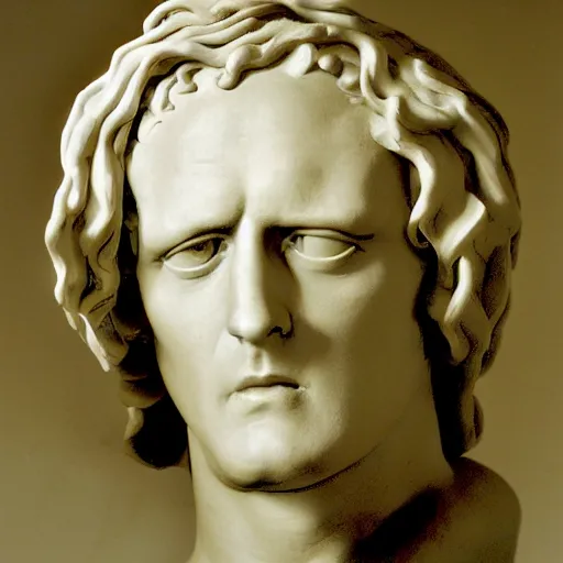 Image similar to a sculpture by canova with the likeness of rutger hauer wrapped in snakes