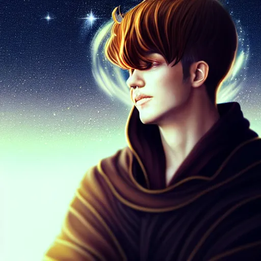 Image similar to a man with with brown hair, wearing a black robe with the tips made of gold, setting in space with a galaxy in the backround, depth of field, on amino, by sakimichan patreon, wlop, weibo high quality art on artstation