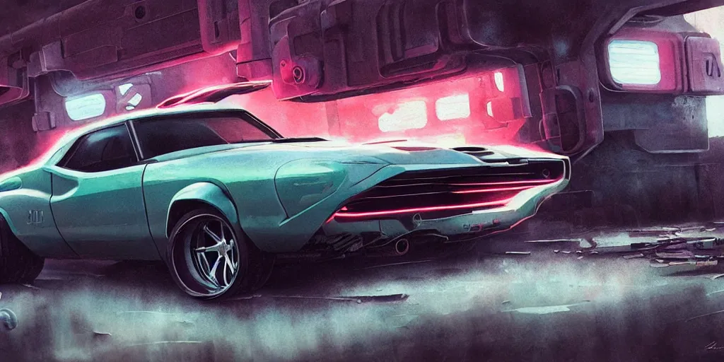 Image similar to vintage muscle car design, futuristic, kyza, ash thorp, simon stalenhag, hard surface, cyberpunk , sci-fi, wide body, sport car, exotic, in watercolor gouache detailed paintings