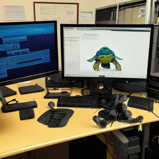 Prompt: terrifying systems administrator mutant turtles building pcs