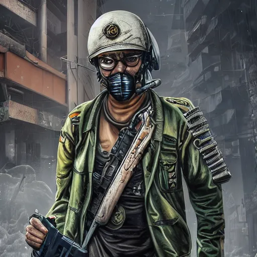 Prompt: 8K detailed realistic illustration of a post-apocalyptic cyberpunk Indonesia war general in the style of leonard boyarsky, high resolution