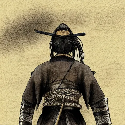 Image similar to a portrait from behind of a samurai man vagabond that holds chains, detailed, illustration, concept art, ink style, sketch