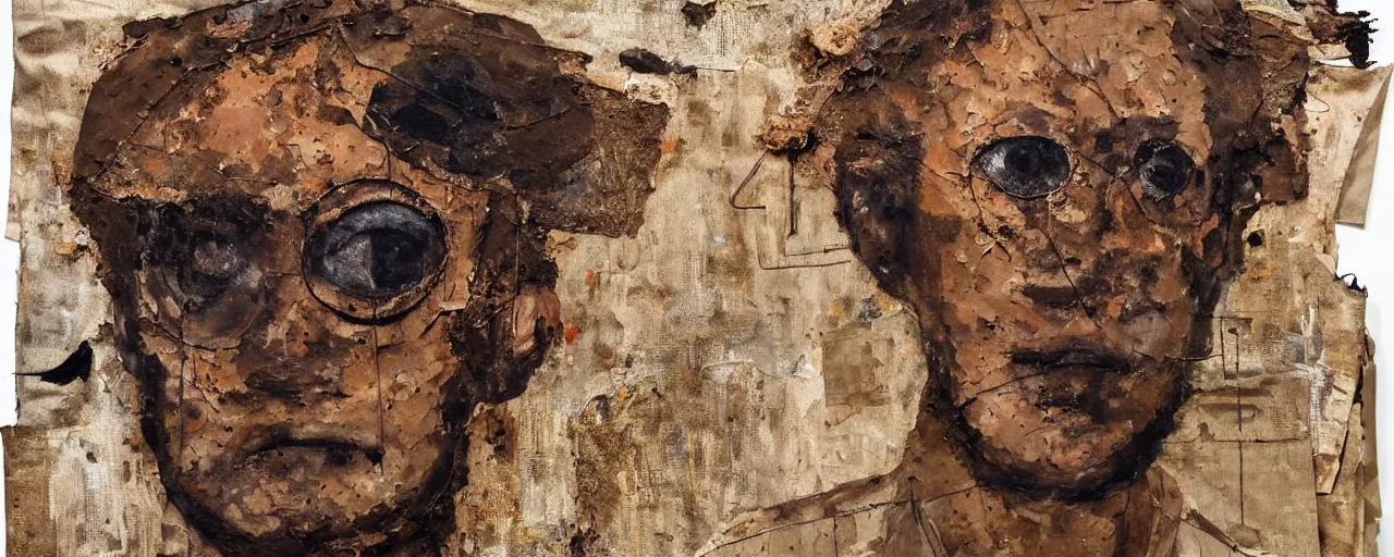 Prompt: a painting of a very ordinary person, by Antoni Tàpies and Anselm Kiefer, ripped Hessian fabric, rusted metal, iron cladding, decay, mixed media, textured, anatomically correct, beautiful perfect face, sharp focus, Highly Detailed