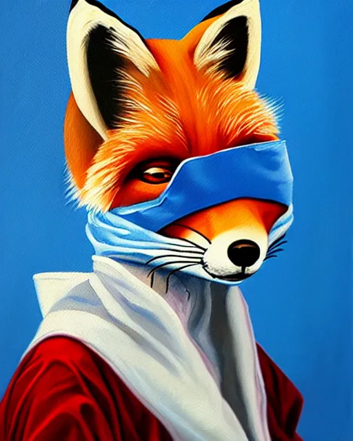 Image similar to oil painting portrait of anthropomorphic female fox animal dressed in labcoat, surgical mask covering mouth, with syringe, fox animal, hospital in background, oil painting,