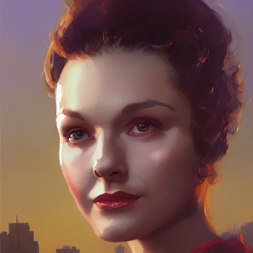Prompt: closeup portrait of a young vivian leigh, seductive smile, chiaroscuro, city background, golden hour, dramatic lighting, warm cold contrast, high detail, painted by greg rutkowski, painted by igor kieryluk, trending on artstation