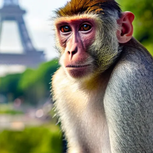 Image similar to high quality portrait of a monkey in front of eiffel tower, studio photograph, photograph, realistic photo, 8k photo, 4k photo, stock photo, high resolution, cinematic shot, high detail