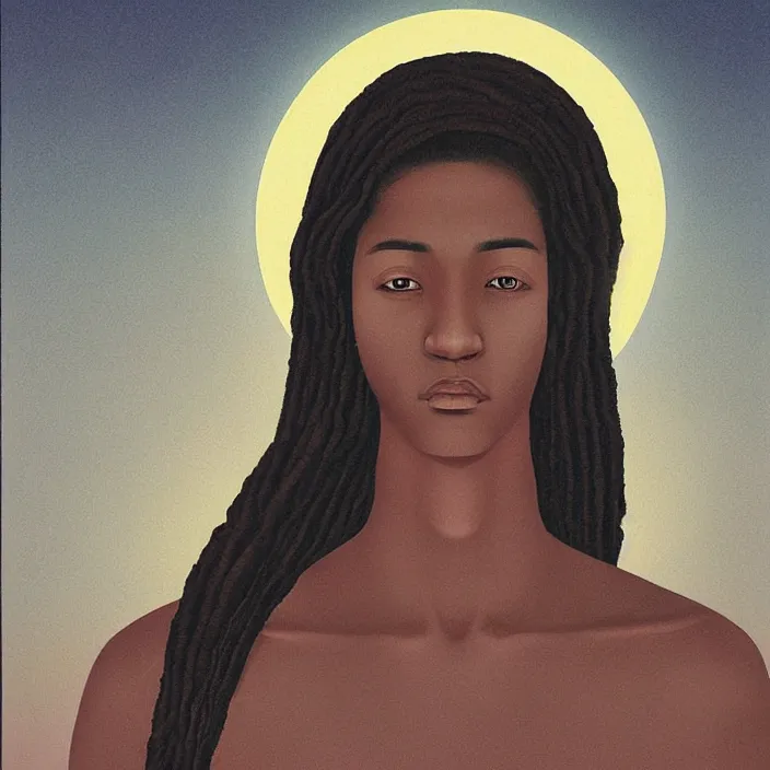 Prompt: a UFO beside the head an African Jesus, portrait painting by Hsiao-Ron Cheng,