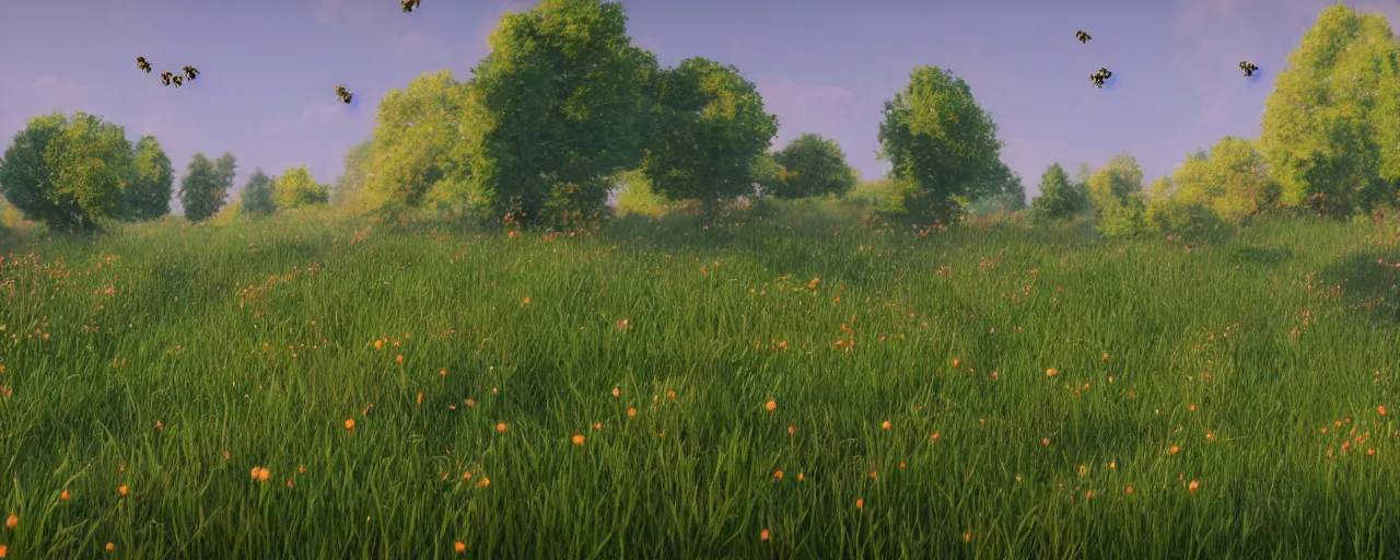 Image similar to a beautiful meadow landscape with cute happy bees flying, flowers, happy trees, photorealistic, octane render, rtx, hdr, unreal engine, digital art widescreen 8 k