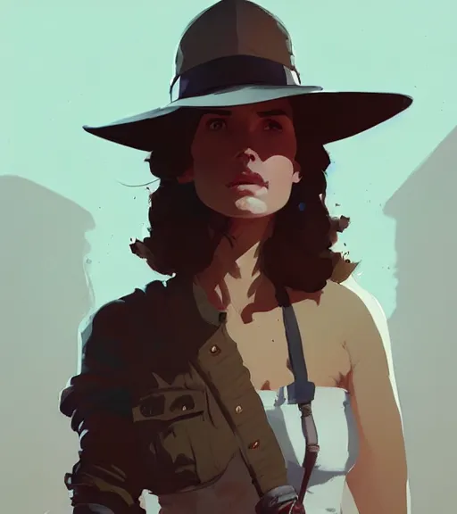 Image similar to portrait of a female indiana jones by atey ghailan, by greg rutkowski, by greg tocchini, by james gilleard, by joe fenton, by kaethe butcher, dynamic lighting, gradient light blue, brown, blonde cream and white color scheme, grunge aesthetic