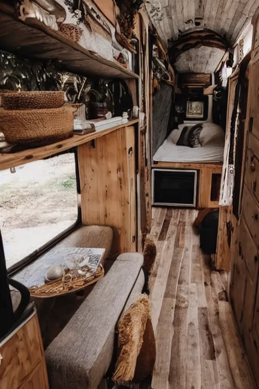 Image similar to conversion van interior, bohemian style, van life, light wood