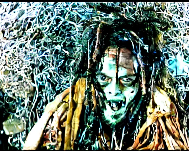 Image similar to rotten zombie jack sparrow [ covered in wires ] emerges from a cybercore portal in my disgusting room in the basement, 1 6 mm