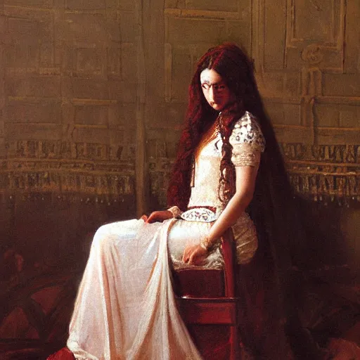 Image similar to a oil painting of a fair skin with dark curly stylised hair queen wearing dress on a throne, medieval arabic, by frederick william elwell, by otomo highly detailed, realistic, concept art, jewels, oriental, desaturated