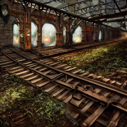 Prompt: abandoned train stop, steampunk style, fantasy style, super high detail, super high quality, talented artist, trending on artstation