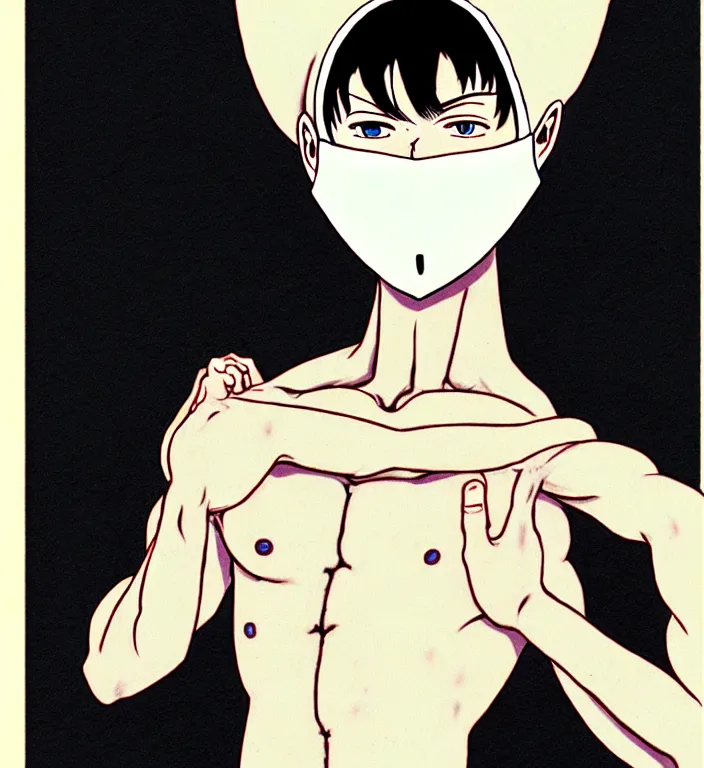 Image similar to white man with black fabric mask, short dark hair, true anatomy!, art by hayao miyazaki