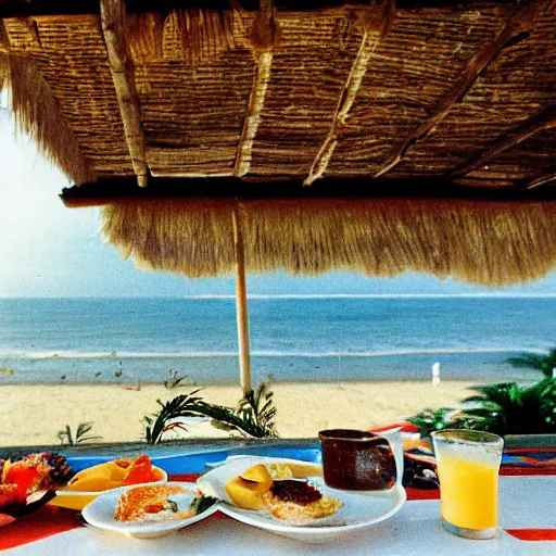 Prompt: breakfast at the porch of a beach house in rio de janeiro in the 8 0 s, photograph, 8 mm