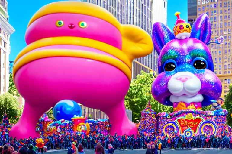 Image similar to photo of giant cute elaborate parade float character designed by ( ( ( ( ( ( ( ( lisa frank ) ) ) ) ) ) ) ) and bosch!!!!!!!!!!!!!!, in the macys parade, detailed 4 k photo,